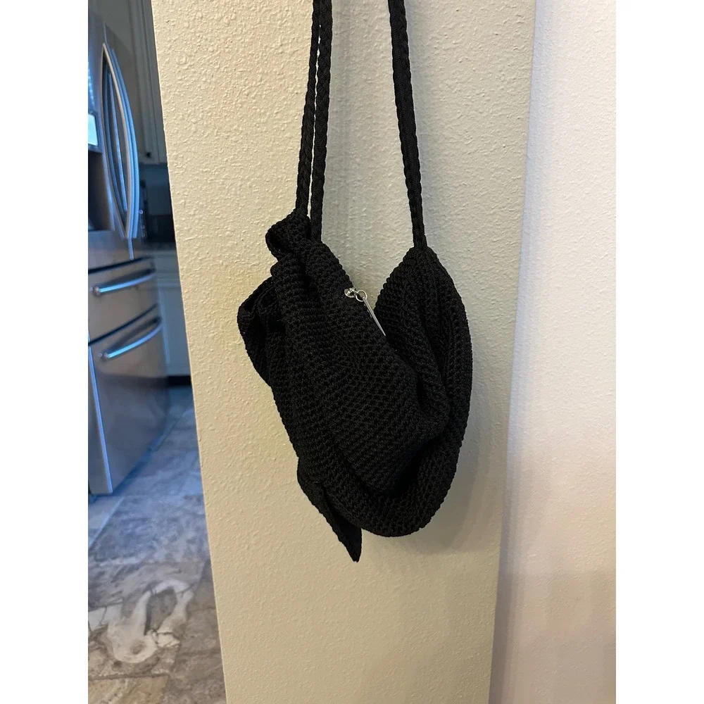 The Sak Black Crochet Drawstring Backpack Braided Straps Boho Shoulder Bag EEUC‎
